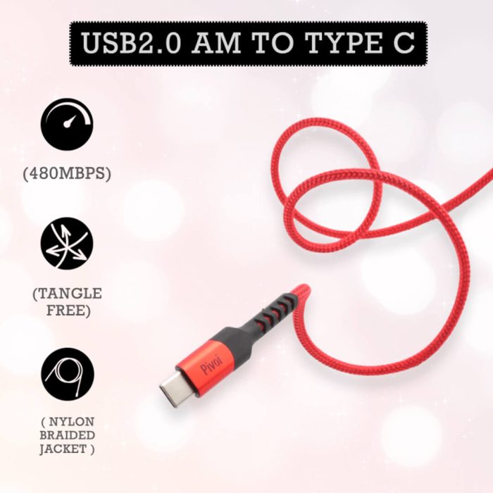 Pivoi Red USB 2.0 AM to Type C Cable (Pack of 1)